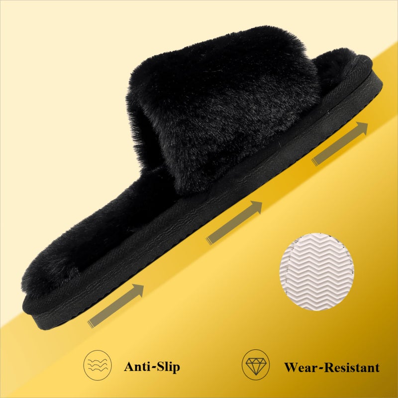 Crazy Lady Women's Fuzzy Fluffy House Slippers Cozy Cute Open Toe Memory Foam Breathable Indoor Outdoor Anti-slip Sandals(PMBlack38) - Image 3