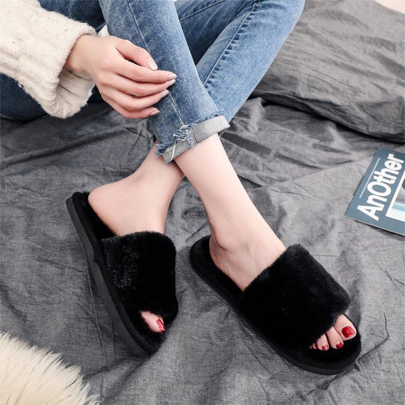 Crazy Lady Women's Fuzzy Fluffy House Slippers Cozy Cute Open Toe Memory Foam Breathable Indoor Outdoor Anti-slip Sandals(PMBlack38) - Image 2