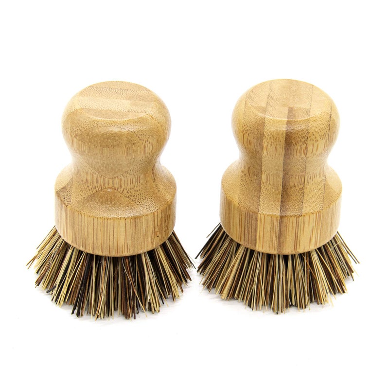 AUEAR Natural Bamboo Dish Scrub Brush Cleaning Pot Scrubber Brushes Coconut Bristles for Cast Iron Skillet Pots Pans 2Pack Deep Color
