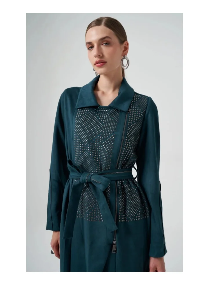 MissWhence Suede Trench Coat with Stud/Rhinestone Detail - Emerald
