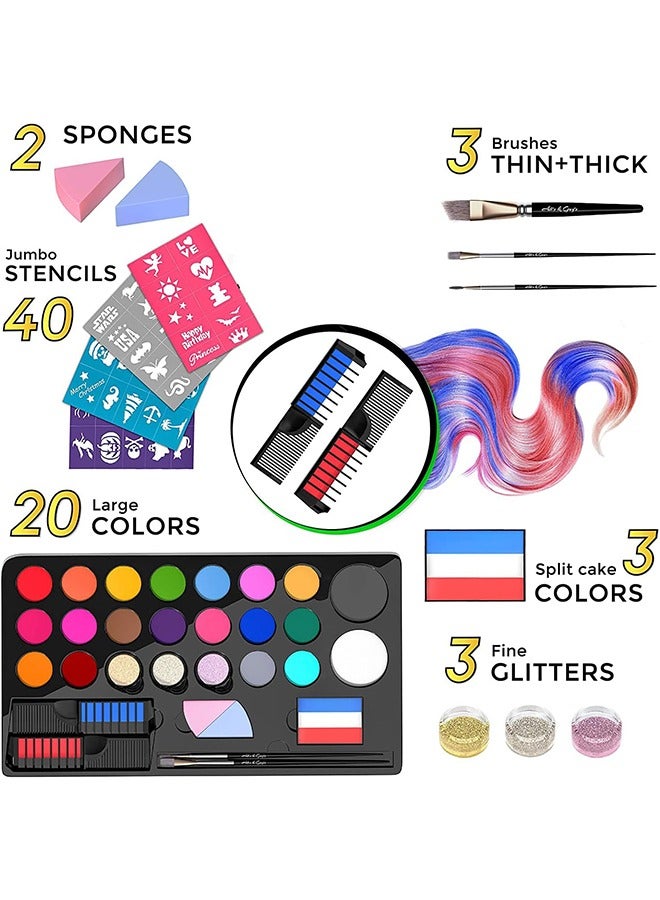 Beauenty Face Painting Kit For Kids -20 Colors  41 Stencils  3 Brushes Safe Non-Toxic   Professional Palette Washable Safe For Halloween Party   Holiday Makeup Body  Body Painting Set Adults Children - Image 1