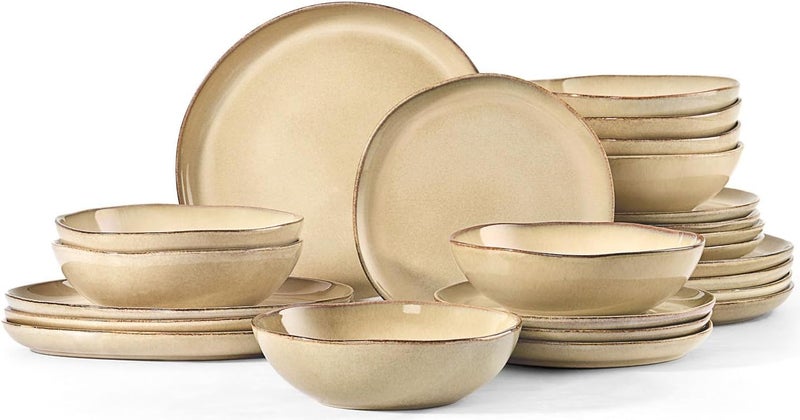 Herogo Dinnerware Sets for 8 24pcs Stoneware Dinner Dish Set Irregular Handmade Plates and Bowls Dishware Crack and Scratch Resistant Microwave  Dishwasher Safe Cream Khaki - Image 1