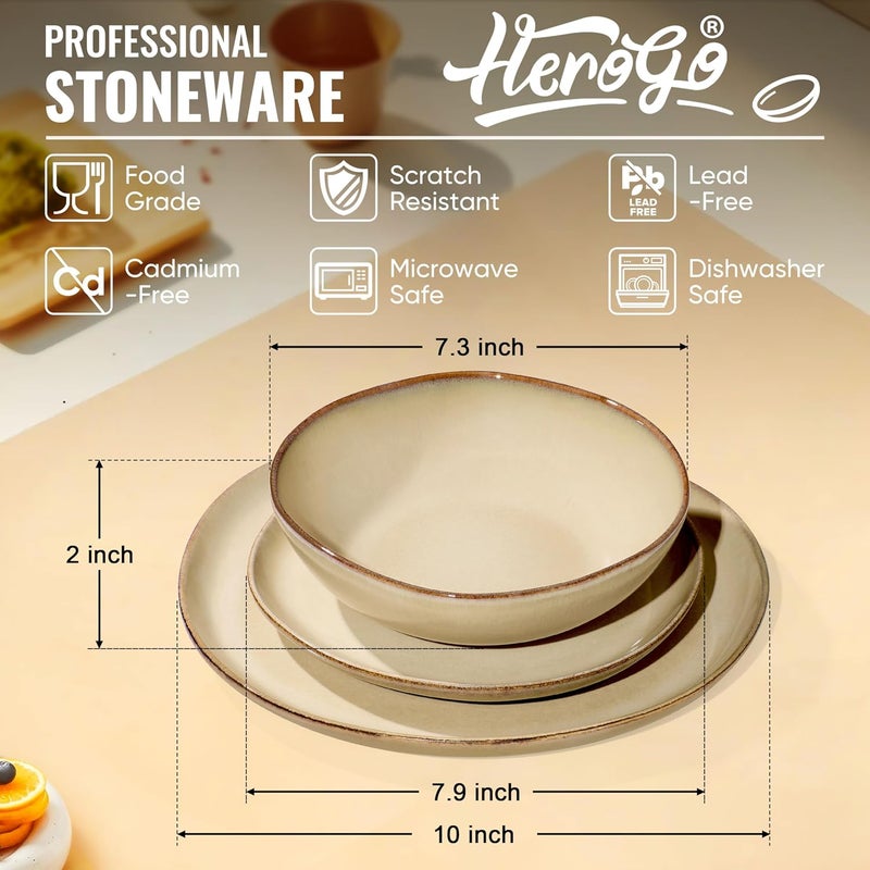 Herogo Dinnerware Sets for 8 24pcs Stoneware Dinner Dish Set Irregular Handmade Plates and Bowls Dishware Crack and Scratch Resistant Microwave  Dishwasher Safe Cream Khaki - Image 2