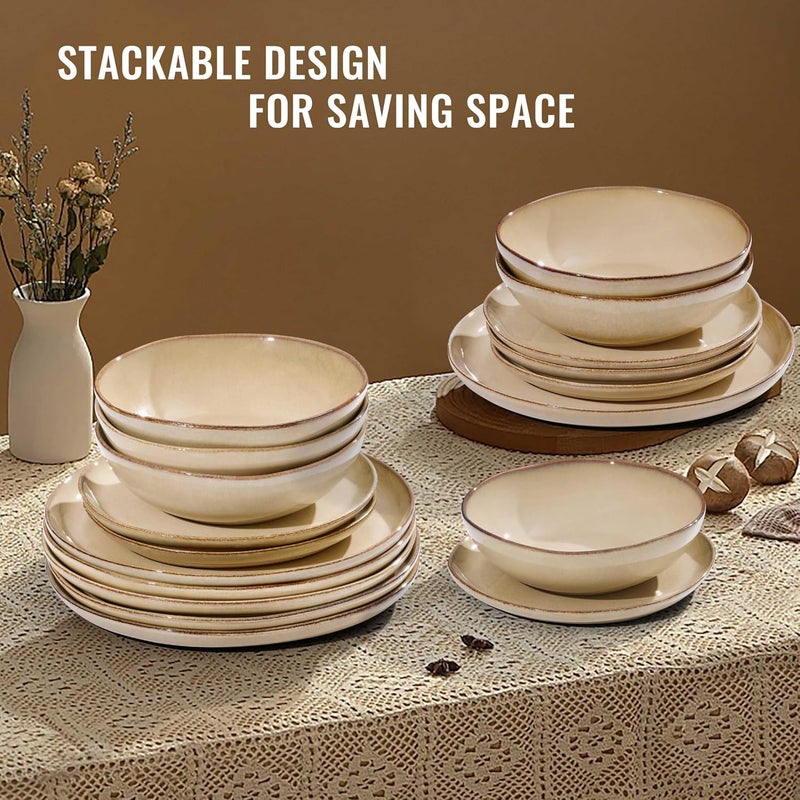Herogo Dinnerware Sets for 8 24pcs Stoneware Dinner Dish Set Irregular Handmade Plates and Bowls Dishware Crack and Scratch Resistant Microwave  Dishwasher Safe Cream Khaki - Image 5