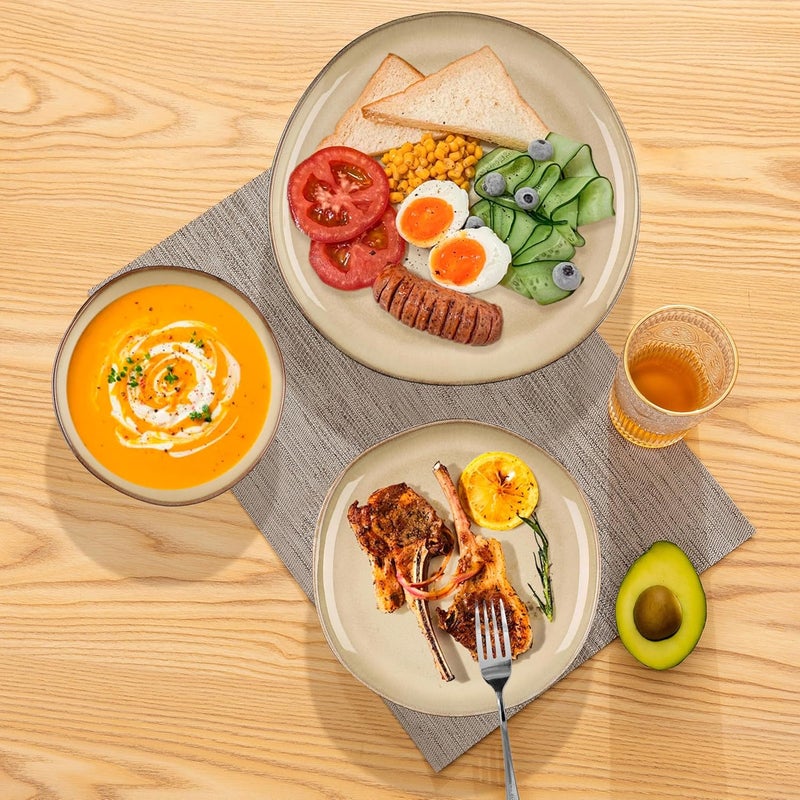 Herogo Dinnerware Sets for 8 24pcs Stoneware Dinner Dish Set Irregular Handmade Plates and Bowls Dishware Crack and Scratch Resistant Microwave  Dishwasher Safe Cream Khaki - Image 4