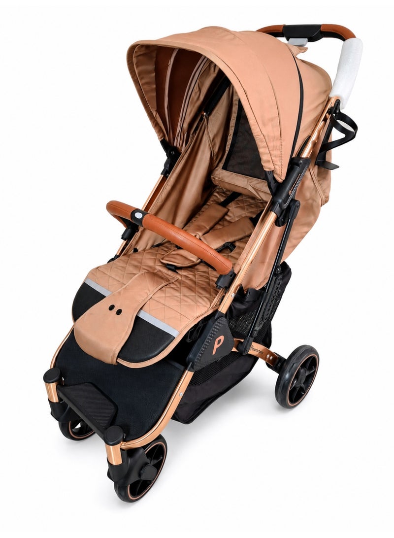 PopyPapa S600PRO Lightweight Travel Baby Stroller with Luxury Gold Frame and Wide Canopy - Beige