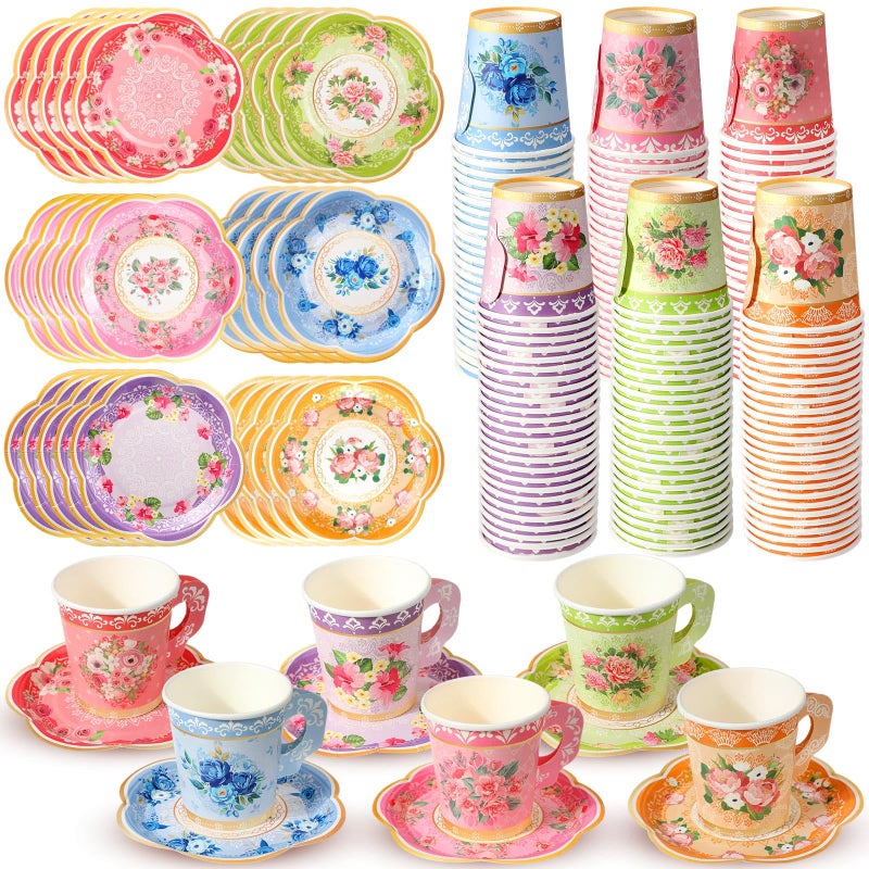 Nuogo 300Pcs Floral Paper Tea Cups and Saucers 7 OZ Disposable Tea Cup with Handle and Plates for Garden Party Supplies Wedding Birthday Baby Shower Bridal Mothers Day Serve 150 GuestVibrant Color - Image 3