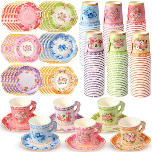 Nuogo 300Pcs Floral Paper Tea Cups and Saucers 7 OZ Disposable Tea Cup with Handle and Plates for Garden Party Supplies Wedding Birthday Baby Shower Bridal Mothers Day Serve 150 GuestVibrant Color - Image 2