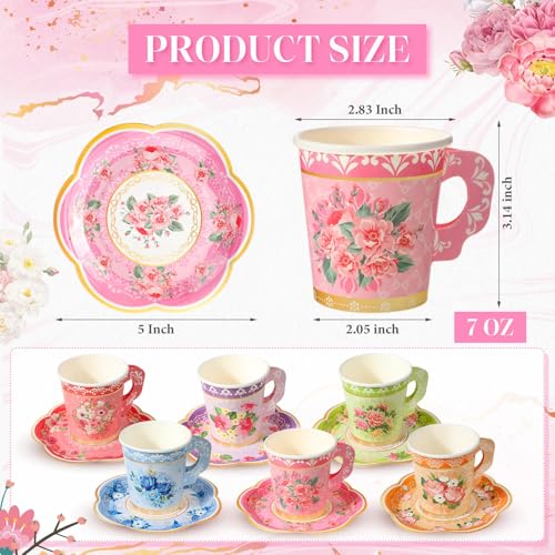 Nuogo 300Pcs Floral Paper Tea Cups and Saucers 7 OZ Disposable Tea Cup with Handle and Plates for Garden Party Supplies Wedding Birthday Baby Shower Bridal Mothers Day Serve 150 GuestVibrant Color - Image 5