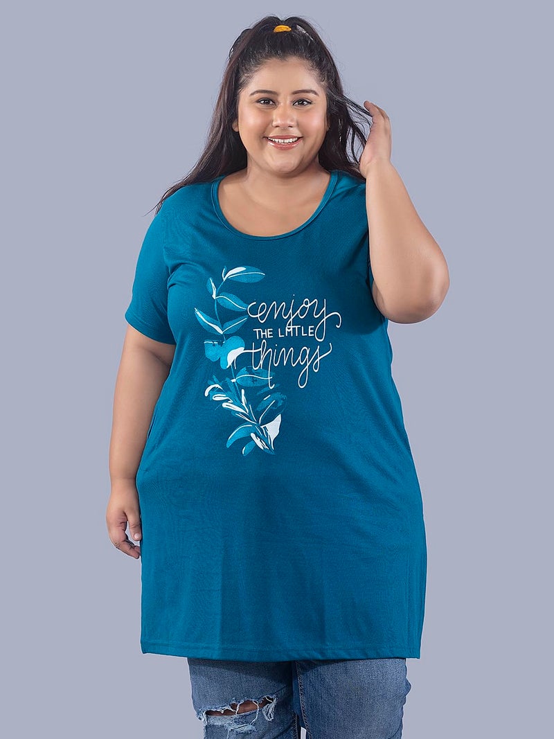 CUPID Plus Size Cotton Round Neck Half Sleeve T-Shirt, Plus Size Night, Sleep, Daily Use Gym n Lounge Wear Long Tops for Women_Teal Blue_5XL - Image 3