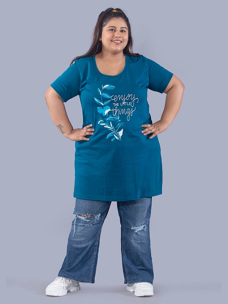 CUPID Plus Size Cotton Round Neck Half Sleeve T-Shirt, Plus Size Night, Sleep, Daily Use Gym n Lounge Wear Long Tops for Women_Teal Blue_5XL - Image 2