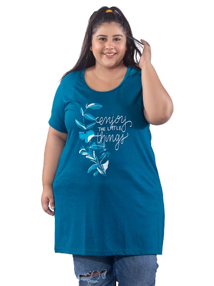 CUPID Plus Size Cotton Round Neck Half Sleeve T-Shirt, Plus Size Night, Sleep, Daily Use Gym n Lounge Wear Long Tops for Women_Teal Blue_5XL - Image 1