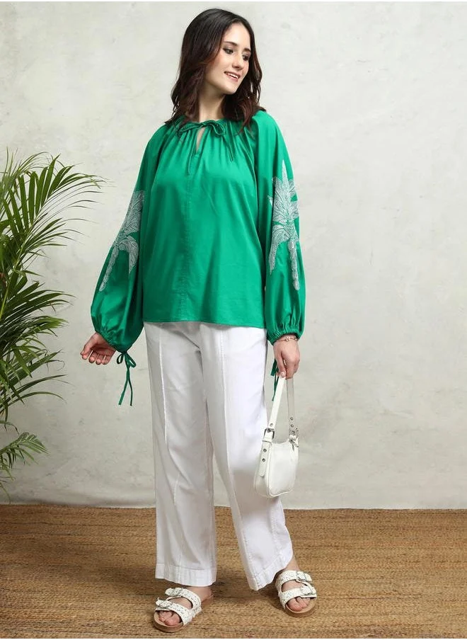 Tokyo Talkies Floral Print Balloon Sleeve Top with Tie-Up Neck by Styli