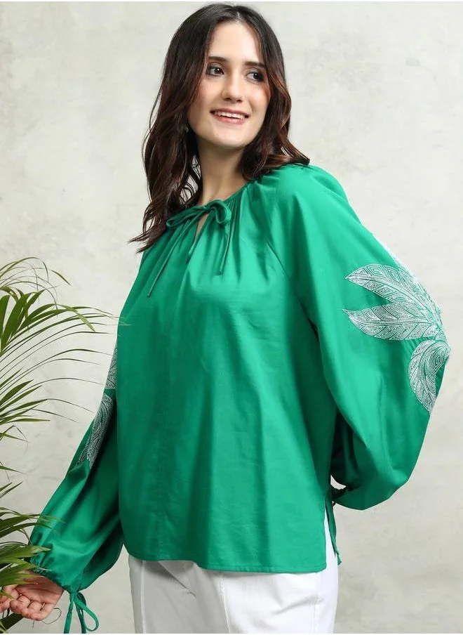 Tokyo Talkies Floral Print Balloon Sleeve Top with Tie-Up Neck