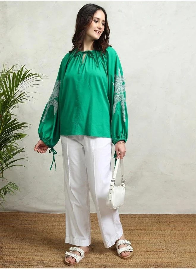 Tokyo Talkies Floral Print Balloon Sleeve Top with Tie-Up Neck