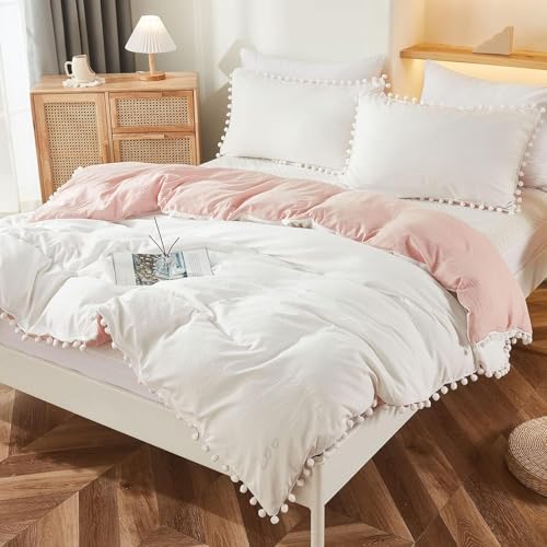 Bedbay Pink Comforter Set King Pink Bedding Set for Girls Teen Adults Cute Pom Pom Fringed White and Pink 3 Pcs Reversible King Size Bedding Soft Fluffy Comforter SetsWhitePinkKing - Image 1