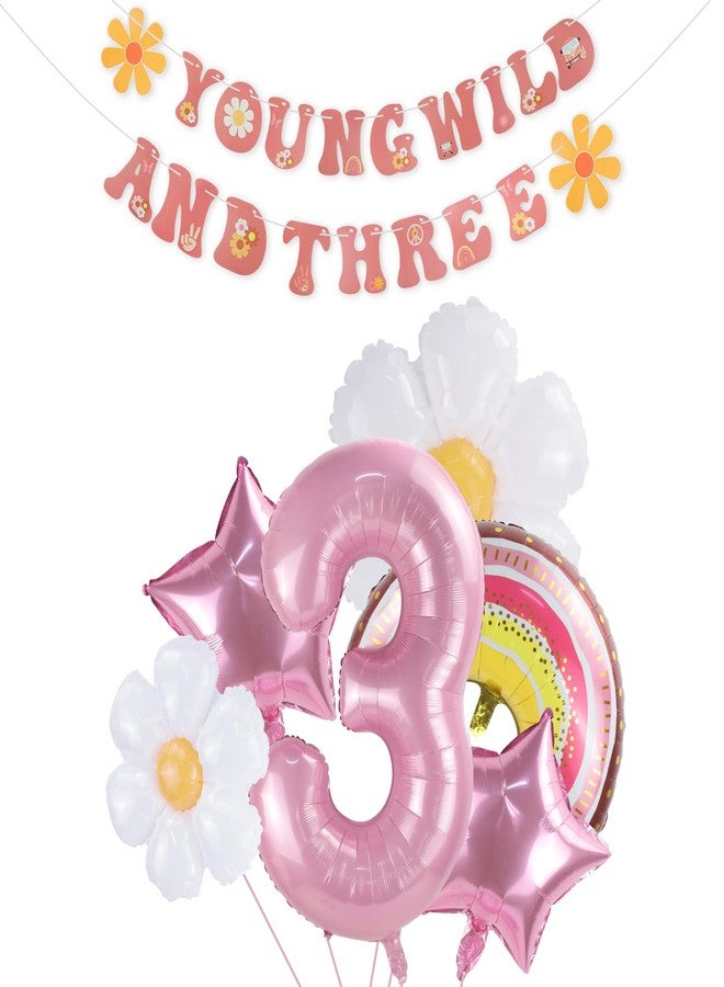 Urlax Young Wild and Three Decorations Girl Banner,3rd Birthday Party Decorations,Groovy Retro Hippie Boho Daisy Flower Rainbow And Pink Stars Foil Balloon For Birthday Party Supplies - Image 1
