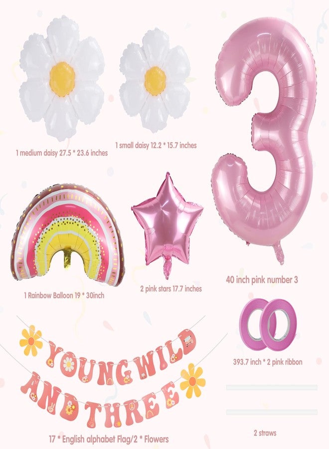 Urlax Young Wild and Three Decorations Girl Banner,3rd Birthday Party Decorations,Groovy Retro Hippie Boho Daisy Flower Rainbow And Pink Stars Foil Balloon For Birthday Party Supplies - Image 2