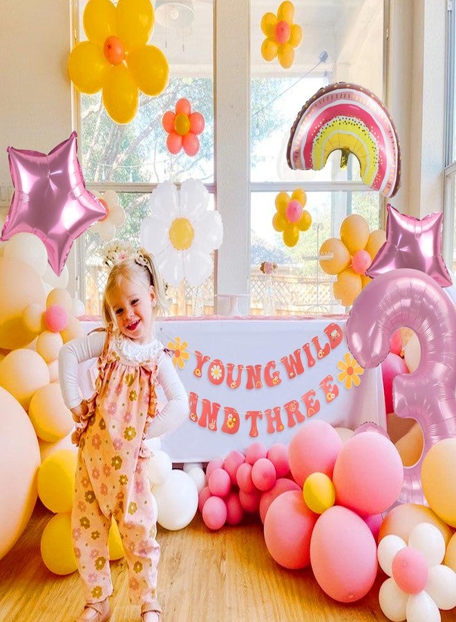 Urlax Young Wild and Three Decorations Girl Banner,3rd Birthday Party Decorations,Groovy Retro Hippie Boho Daisy Flower Rainbow And Pink Stars Foil Balloon For Birthday Party Supplies - Image 4