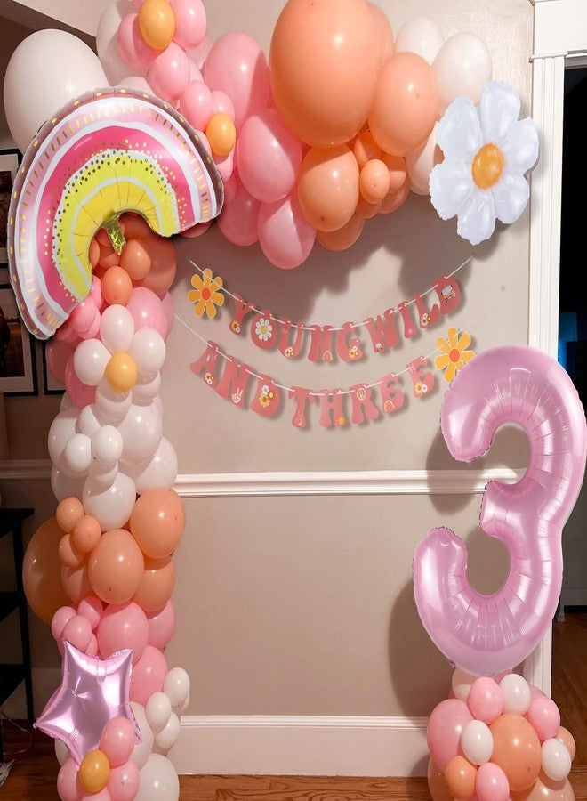 Urlax Young Wild and Three Decorations Girl Banner,3rd Birthday Party Decorations,Groovy Retro Hippie Boho Daisy Flower Rainbow And Pink Stars Foil Balloon For Birthday Party Supplies - Image 3