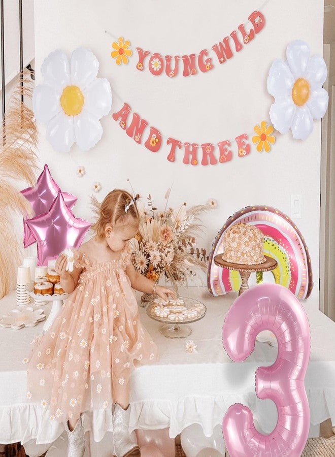 Urlax Young Wild and Three Decorations Girl Banner,3rd Birthday Party Decorations,Groovy Retro Hippie Boho Daisy Flower Rainbow And Pink Stars Foil Balloon For Birthday Party Supplies - Image 5