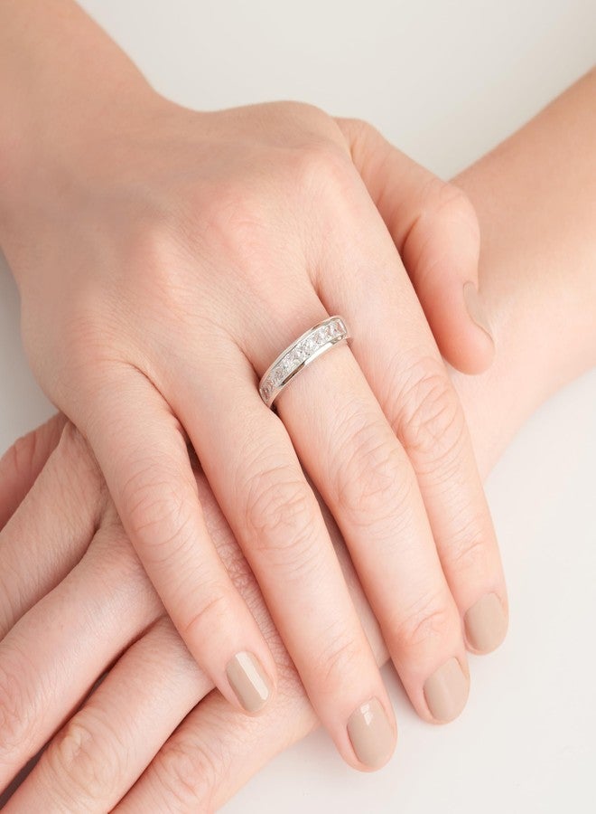 مورجان آند بايدج خواتم زفاف نسائية من مورغان آند بيج، مصنوعة من الفضة الإسترليني عيار 925 ومطلية بالبلاتين، بتصميم كلاسيكي مرصع بأحجار الزركونيا المكعبة بقصة برنسيس، قابلة للتكديس، مقاس 6. - Image 2