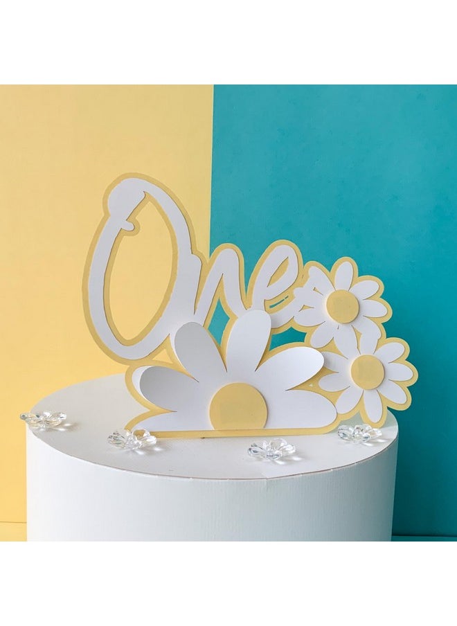 Pinfliers Pinfliers Bumblebee/Daisy Theme Birthday Decoration, Paper One Cake Topper for 1st Birthday Girl, Happy Birthday Cake Topper for Cake Decoration, 1 Cake Topper for Girls, Yellow & White  - Image 1