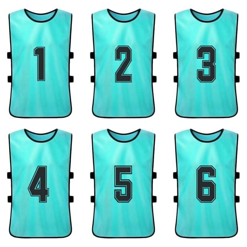 Kids Soccer Pinnies: 6pcs Lake Blue, Clear Front & Back Numbers, Bright Colorfast Fabric - Breathable Open Side Design, Soccer Scrimmage Vest for Youth Team Sports & Training - Image 1