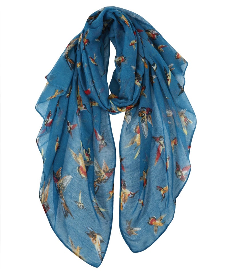 GERINLY وشاح جيرينلي على شكل طائر الطنان للنساء، لف خفيف حول الرقبة، شال كبير لمحبي الطيور، هدايا، وشاح شتوي (أزرق دنيم) - Image 1