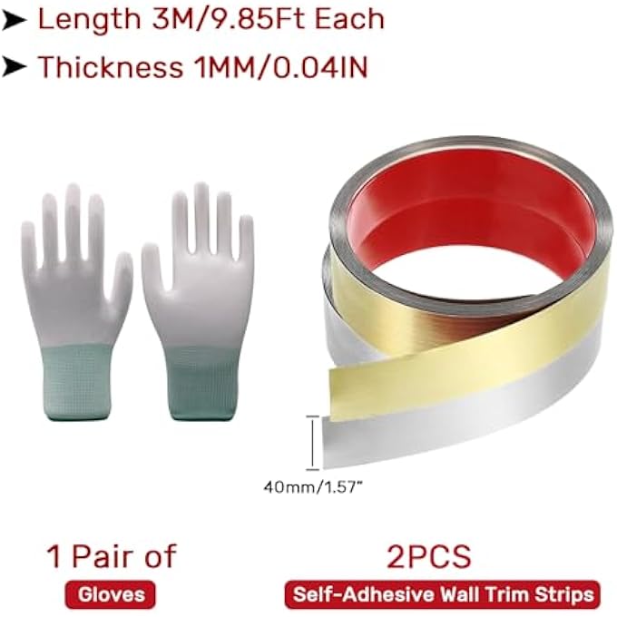 WALL TRIM MOLDING 2PACK STAINLESS STEEL PEEL AND STICK SELF ADHESIVE MIRROR TRIM FOR WALL CEILING FLOOR CABINET TILE EDGE FIREPLACE MIRROR EDGING,GOLD AND SLIVER（6M X 4CM） - Image 3