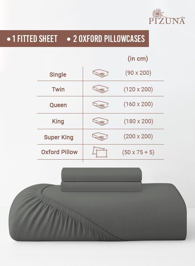 Pizuna Pure Combed Cotton King Fitted Sheet 180x200 cm Dark Grey, 400 Thread Count Cool Luxury Soft 100% Long Staple Cotton Sateen Weave, 40cm Deep Pocket Bedsheet with 2 pillowcase (Fitted Sheet) - Image 3