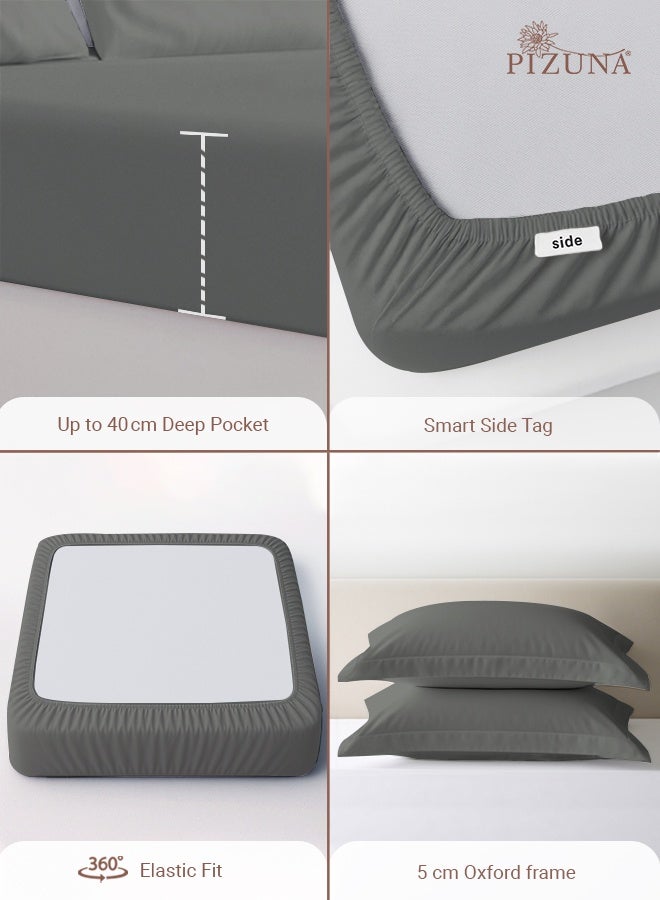 Pizuna Pure Combed Cotton King Fitted Sheet 180x200 cm Dark Grey, 400 Thread Count Cool Luxury Soft 100% Long Staple Cotton Sateen Weave, 40cm Deep Pocket Bedsheet with 2 pillowcase (Fitted Sheet) - Image 4