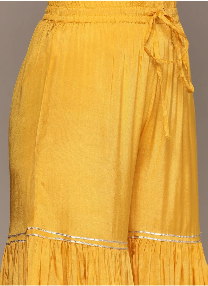 ISHIN Yellow Kurta Set Straight Fit 3/4 Sleeve Sleeve made from Cotton featuring Self Design design and Round Neck neckline - Perfect for Ethinic!