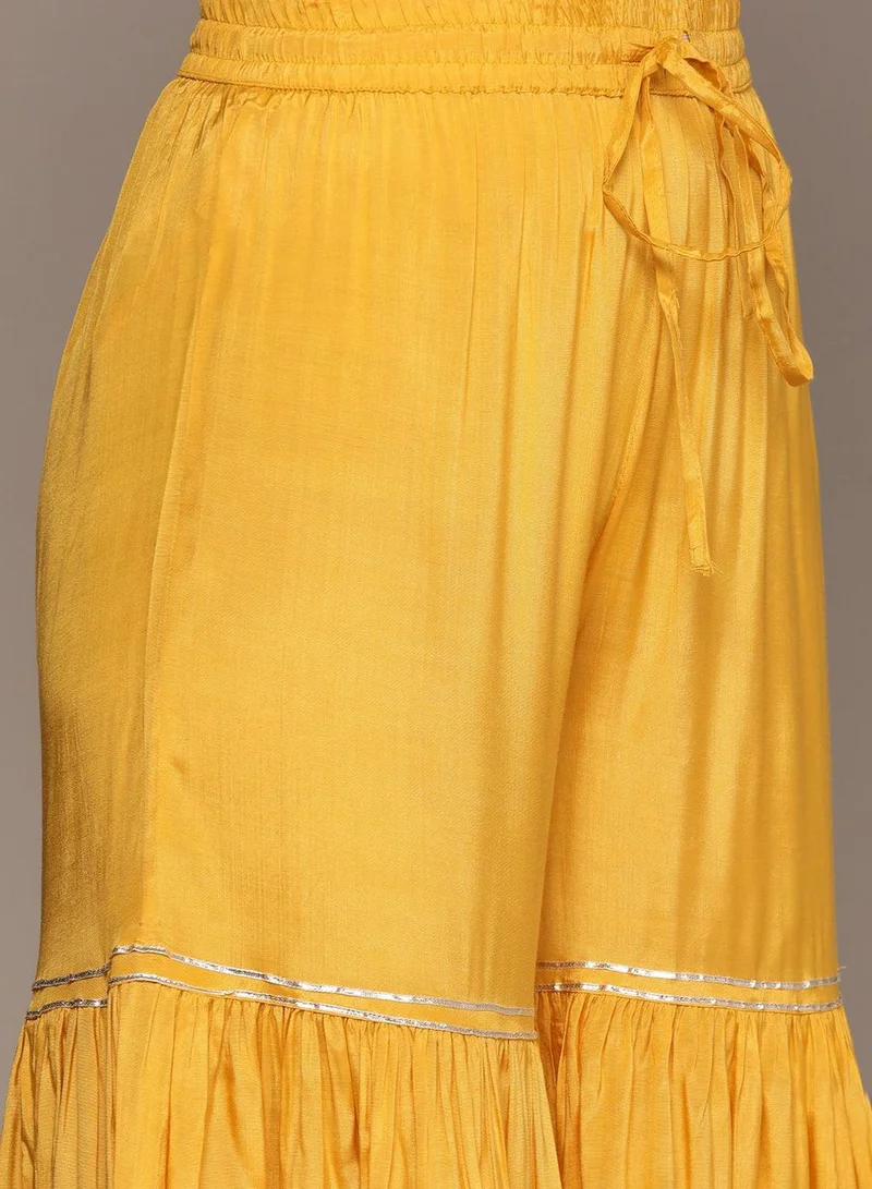 ISHIN Women's Yellow 100% Cotton Self Design Full Length Palazzo Kurta Set