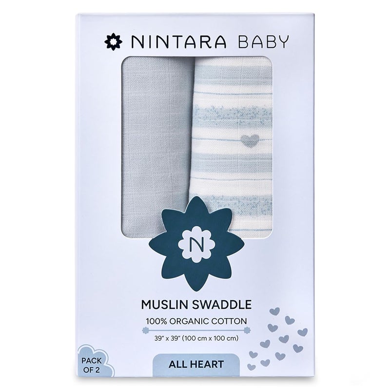 NINTARABABY Swaddle 100 Organic Premium Muslin Cotton 39 x 39 100 cm x 100 cm UltraSoft Breathable Lightweight Multipurpose Unisex Hypoallergenic Gifts for Newborn Babies Pack of 2