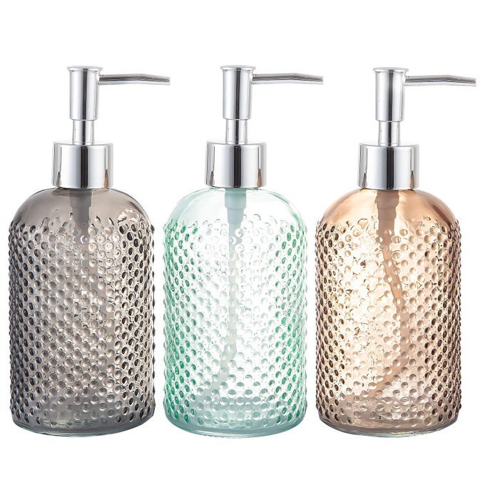 3 PACK ASSORTED GLASS 15 OUNCE LOTION SOAP DISPENSER BOTTLE WITH PUMP FOR BATHROOM KITCHEN