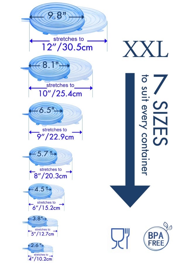 Longzon  Silicone Stretch Lids 14 Pack Include 2Pcs Size up to 9.8 Diameter Reusable Durable Food Storage Covers for Bowl 7 Different Sizes to Meet 2.6 -9.8 Dia Containers Dishwasher  Freezer Safe