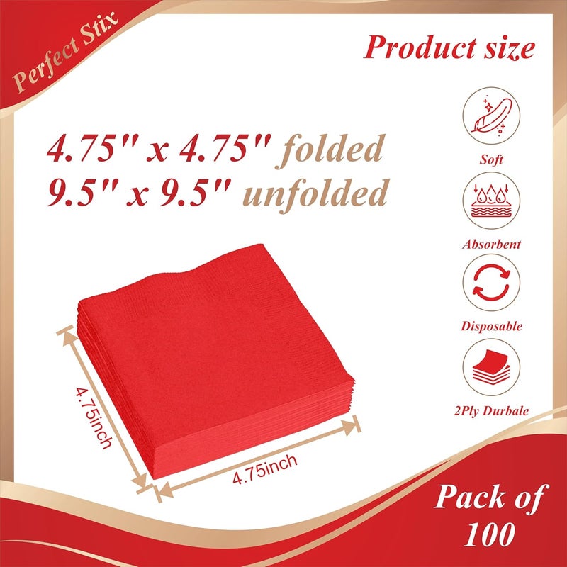 Perfect Stix 2 Ply Red Beverage Napkins (Pack of 100ct) - Image 2