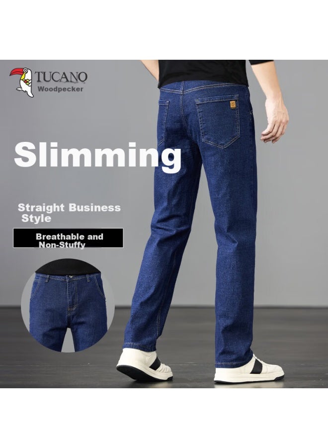 Wood Casual Versatile Men's Summer Denim Jeans Soft Breathable Straight-leg Comfortable Business Casual Light Blue 36