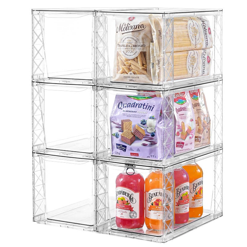 6Pack Stackable Kitchen Storage Organizer Pantry Organizers and Storage Clear Foods Organizer Bins with Handles Easily Assemble for Bathroom Kitchen Pantry Cabinet Closet
