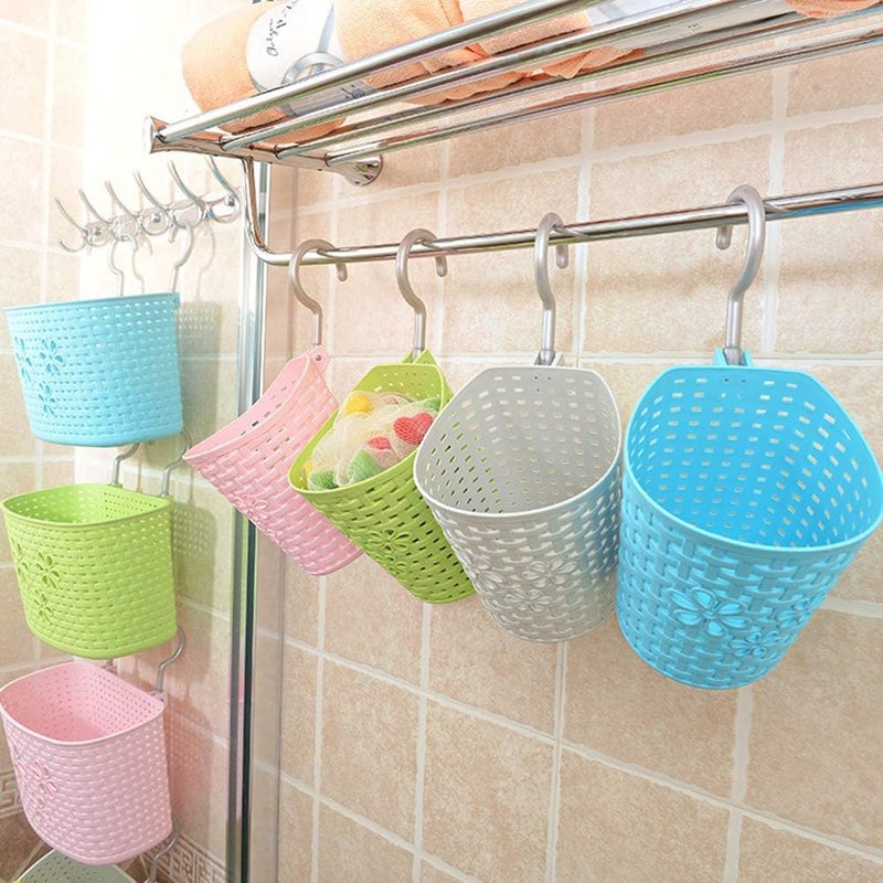 Dkriva Multipurpose Plastic Round Hook Small Hanging Interwoven Hollow Designed Hanging Storage Basket for HomeKitchenOfficeCarBathroom Storage Basket Shelf with Hooks Multicolor 3PCS - Image 5