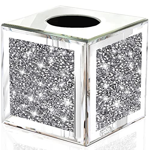 Wocred Square Mirrored Tissue Box Cover,Crystal Crushed Diamond Tissue Box,Silver Luxury Tissue Holders for Either Tissues in a Bathroom or Napkins on a Table.(5.5”x5.5”x5.5”) - Image 1