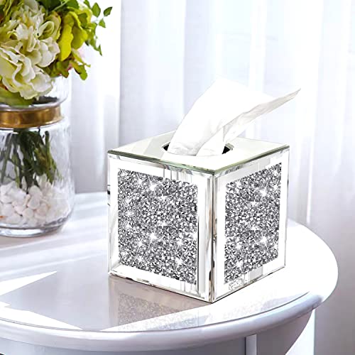 Wocred Square Mirrored Tissue Box Cover,Crystal Crushed Diamond Tissue Box,Silver Luxury Tissue Holders for Either Tissues in a Bathroom or Napkins on a Table.(5.5”x5.5”x5.5”) - Image 2