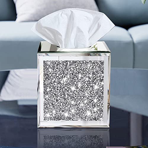 Wocred Square Mirrored Tissue Box Cover,Crystal Crushed Diamond Tissue Box,Silver Luxury Tissue Holders for Either Tissues in a Bathroom or Napkins on a Table.(5.5”x5.5”x5.5”) - Image 5