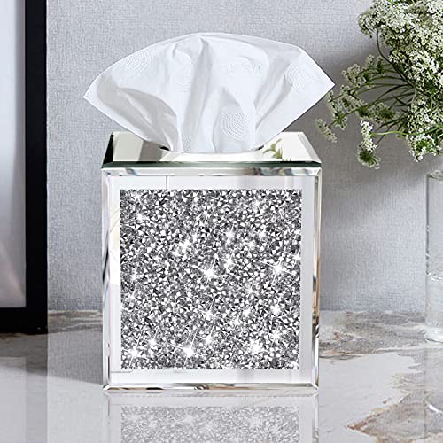 Wocred Square Mirrored Tissue Box Cover,Crystal Crushed Diamond Tissue Box,Silver Luxury Tissue Holders for Either Tissues in a Bathroom or Napkins on a Table.(5.5”x5.5”x5.5”) - Image 3