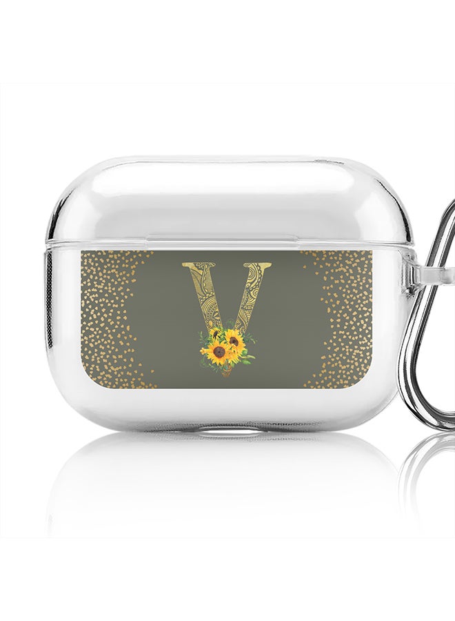 Stylizedd Classic Clear printed Case for Apple Airpods Pro Soft TPU Gel Thin Transparent Flexible Cover - Custom Monogram Initial Letter Mandala Floral Pattern Alphabet - V (Olive Green ) - Image 1