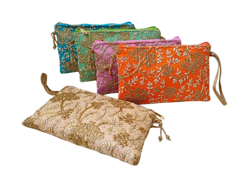 GoldGiftIdeas Traditional Vintage Embroidered Potli Purse for Women with Zipper, Potli Bags for Return Gifts, Pouches for Baby Shower Gifting (Set of 5) - Image 1