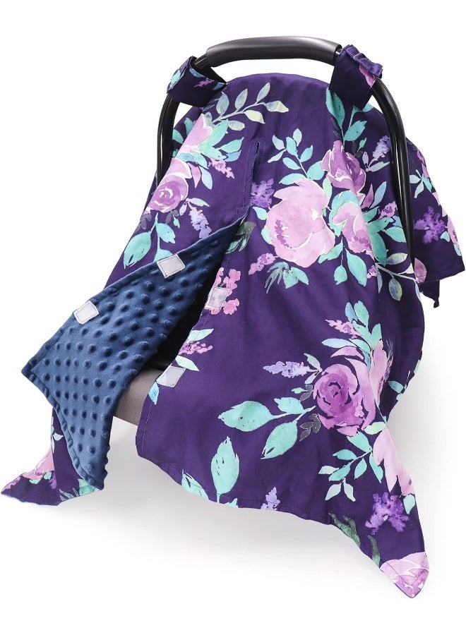 TANOFAR Car Seat Cover for Babies, Purple Flower Peekaboo Opening Minky Carseat Canopy for Newborn, Multiuse, Mom Nursing Breastfeeding Covers, Minky Blanket for Infant Toddler - Image 1