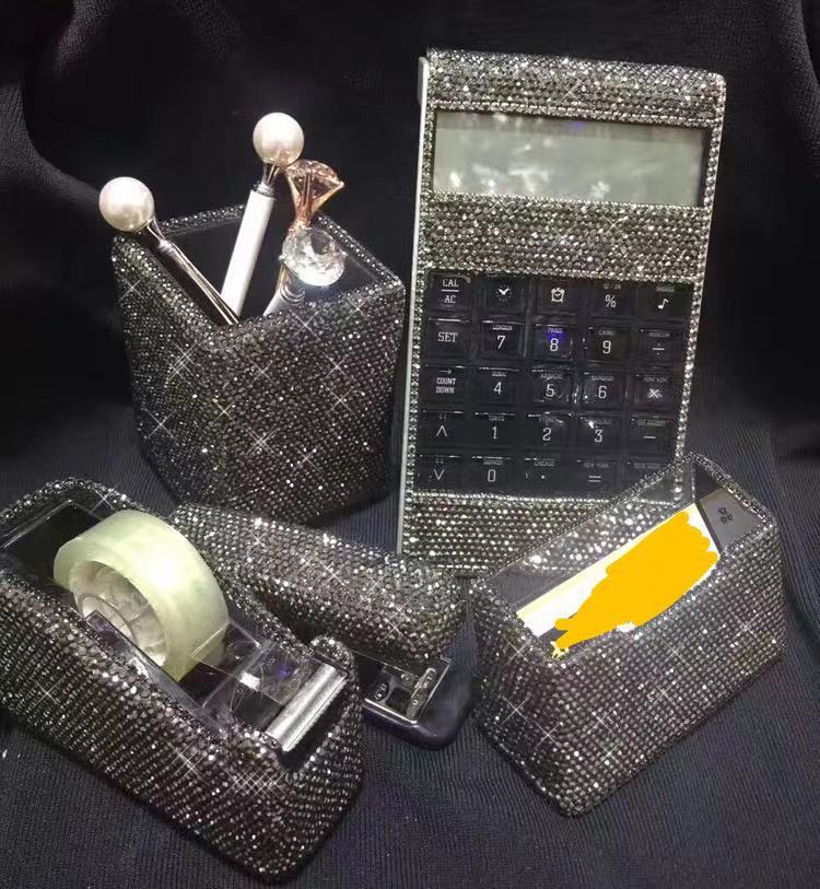 Sticking Drill Office Business Stationery Gift High-End Encrusted Drill Stationery Set Rubber Table Stapler Business Card Box Calculator - Image 4