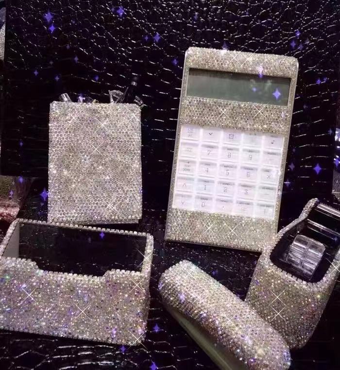 Sticking Drill Office Business Stationery Gift High-End Encrusted Drill Stationery Set Rubber Table Stapler Business Card Box Calculator - Image 3